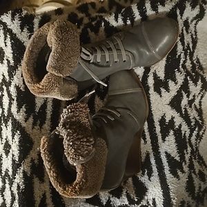 Barbara Bui Shearling Foldover Lace Up Leather Wedge Booties